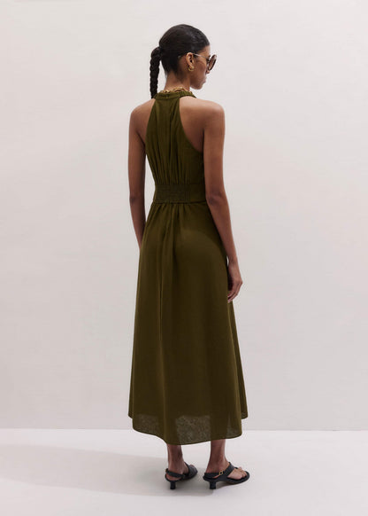 Olive Green Crease-Less Linen Twist Front Maxi Dress | ME+EM