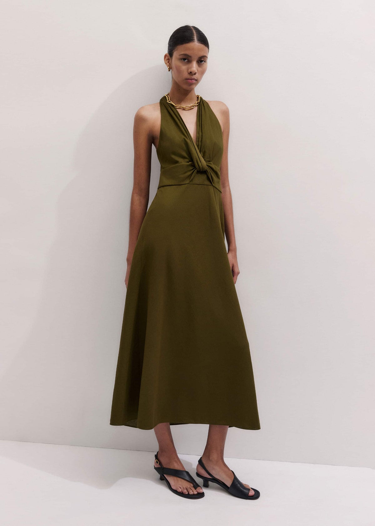 Olive Green Crease-Less Linen Twist Front Maxi Dress | ME+EM
