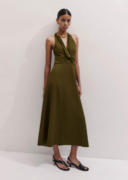 Olive Green Crease-Less Linen Twist Front Maxi Dress | ME+EM