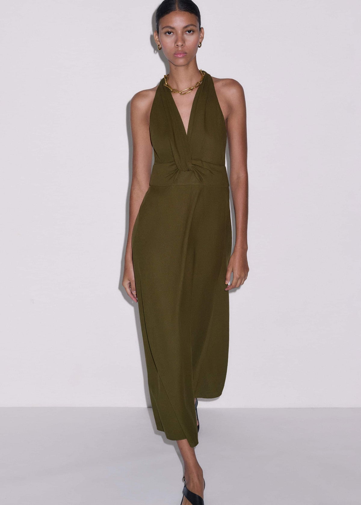 Olive Green Crease-Less Linen Twist Front Maxi Dress | ME+EM