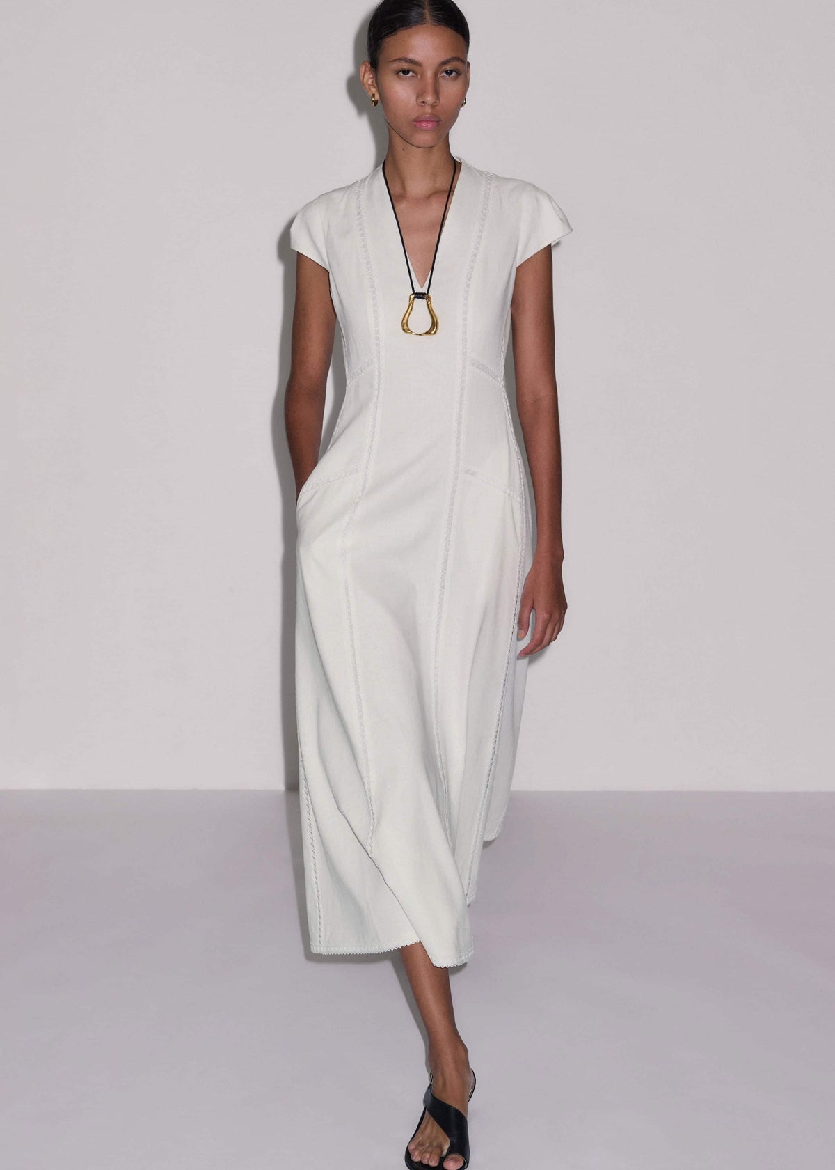 White Crease-Less Linen Embroidered Maxi Dress | ME+EM