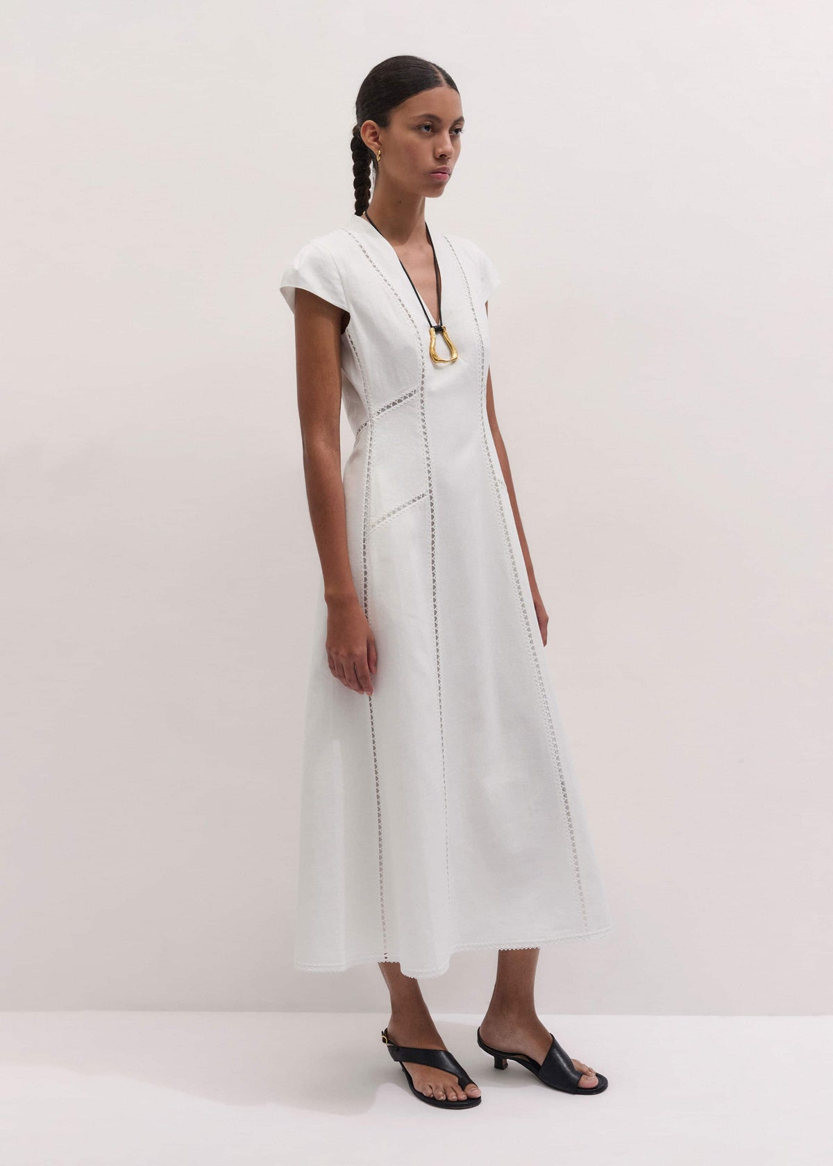 White Crease-Less Linen Embroidered Maxi Dress | ME+EM