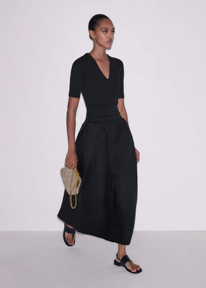 Black V-Neck Smocked Skirt Mixed Media Maxi Dress | ME+EM