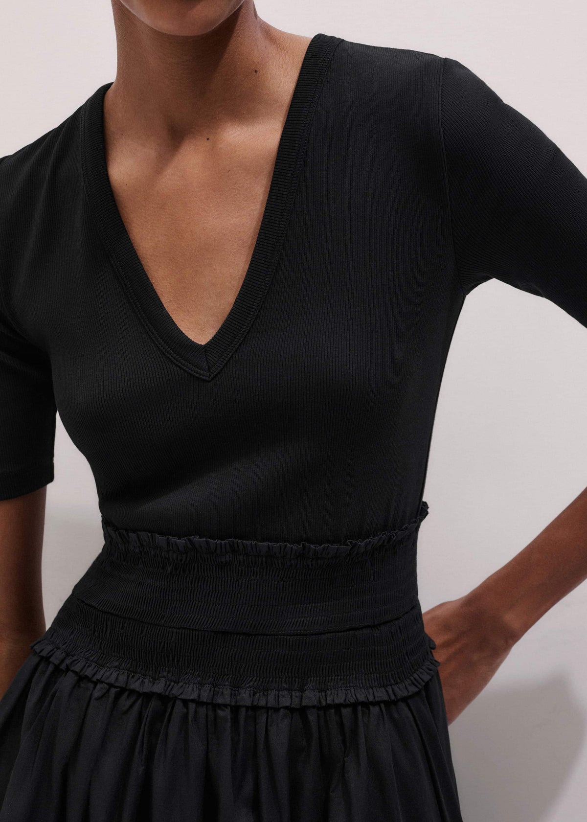 Black V-Neck Smocked Skirt Mixed Media Maxi Dress | ME+EM