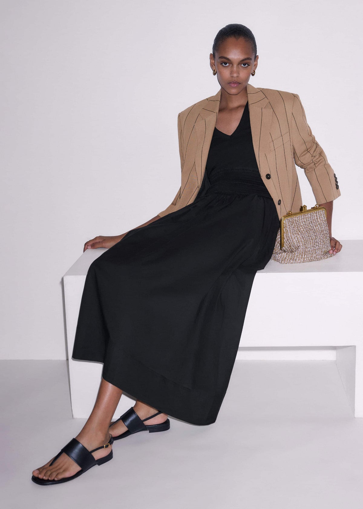 Black V-Neck Smocked Skirt Mixed Media Maxi Dress | ME+EM
