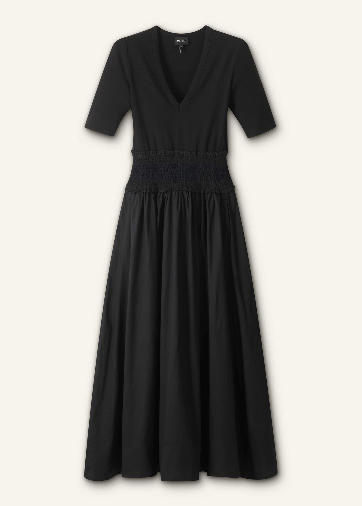 Black V-Neck Smocked Skirt Mixed Media Maxi Dress | ME+EM