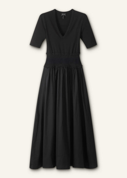 Black V-Neck Smocked Skirt Mixed Media Maxi Dress | ME+EM