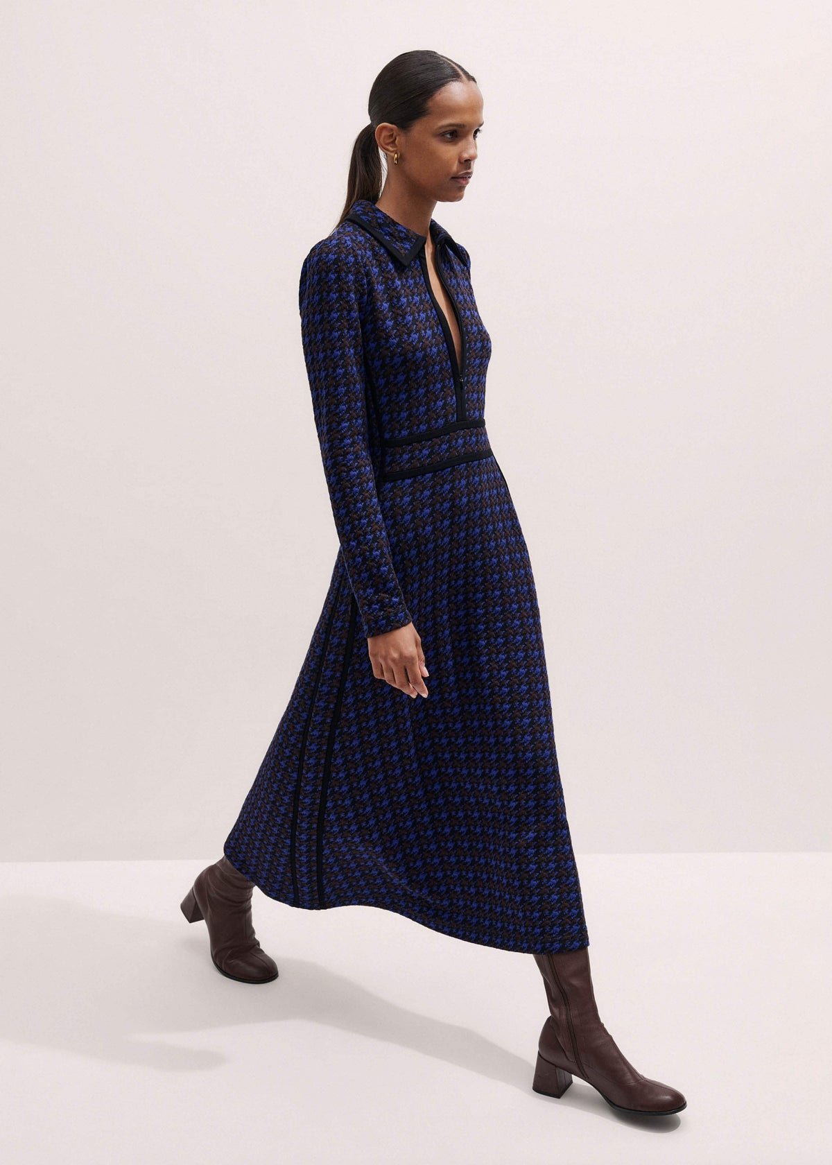 Navy Houndstooth Jacquard Ponte Zip Neck Maxi Dress | ME+EM