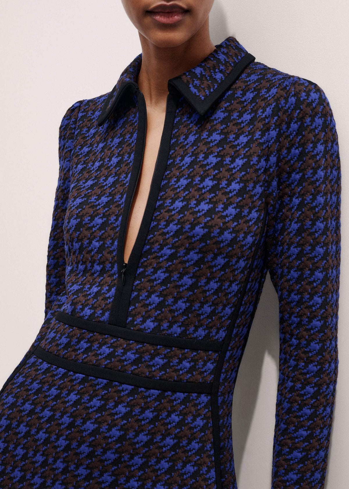 Navy Houndstooth Jacquard Ponte Zip Neck Maxi Dress | ME+EM