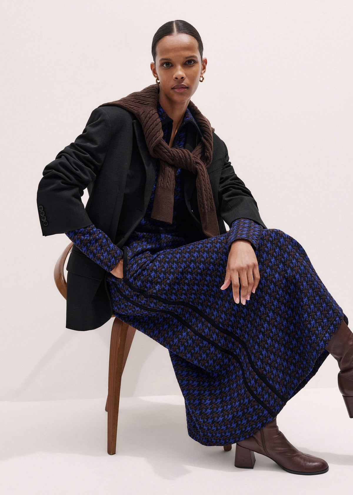 Navy Houndstooth Jacquard Ponte Zip Neck Maxi Dress | ME+EM