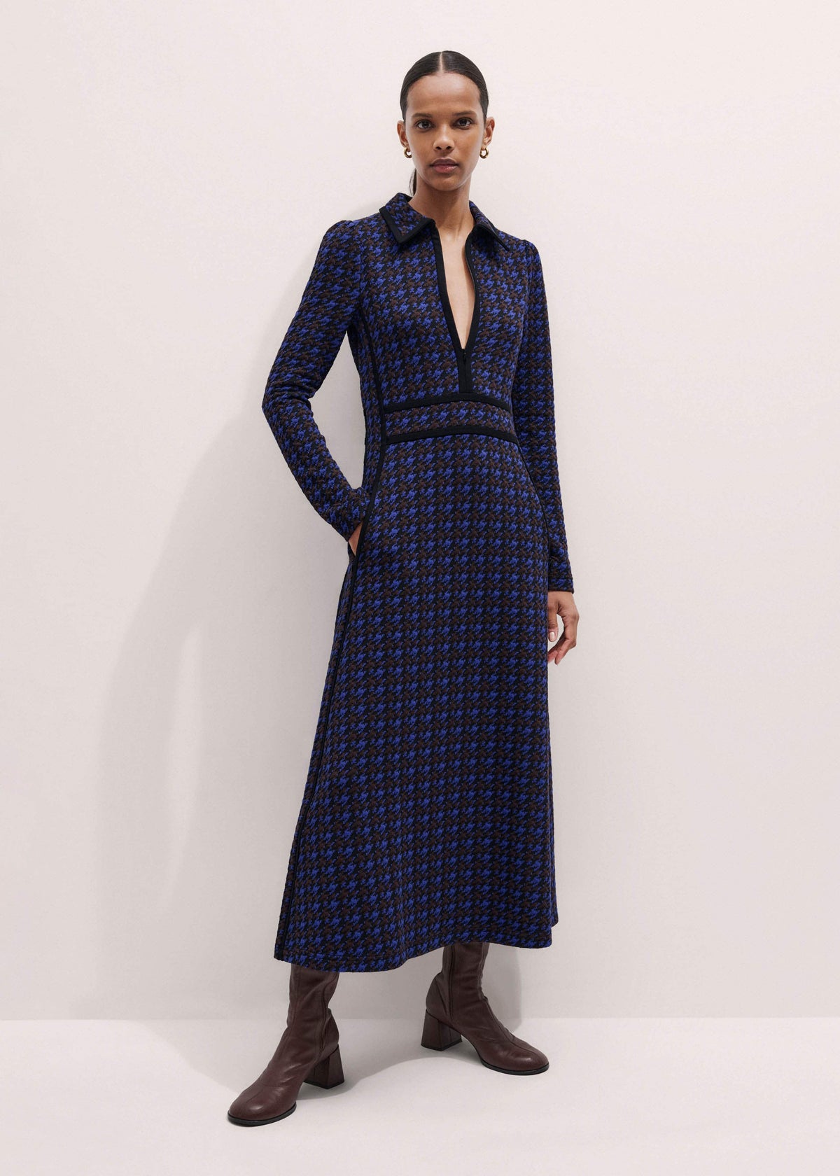 Navy Houndstooth Jacquard Ponte Zip Neck Maxi Dress | ME+EM