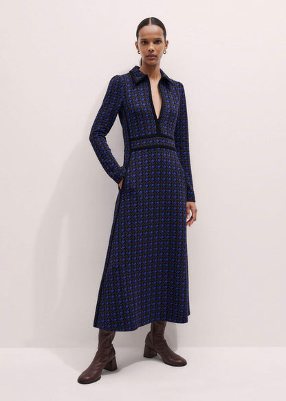 Navy Houndstooth Jacquard Ponte Zip Neck Maxi Dress | ME+EM