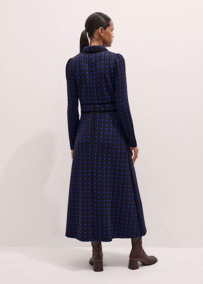 Navy Houndstooth Jacquard Ponte Zip Neck Maxi Dress | ME+EM