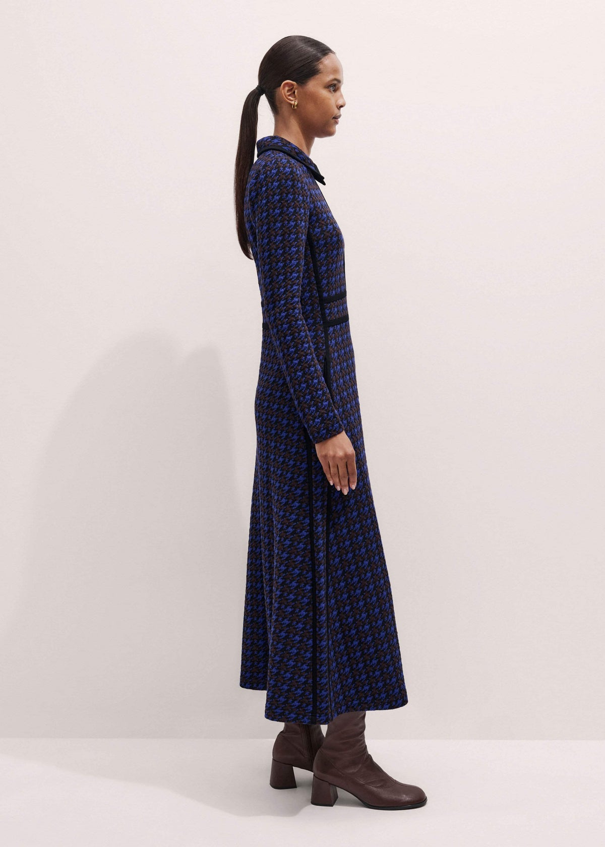 Navy Houndstooth Jacquard Ponte Zip Neck Maxi Dress | ME+EM