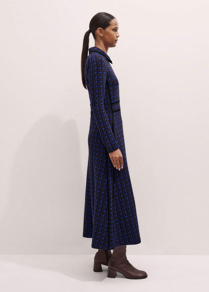 Navy Houndstooth Jacquard Ponte Zip Neck Maxi Dress | ME+EM