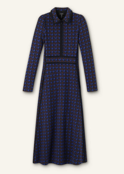 Navy Houndstooth Jacquard Ponte Zip Neck Maxi Dress | ME+EM