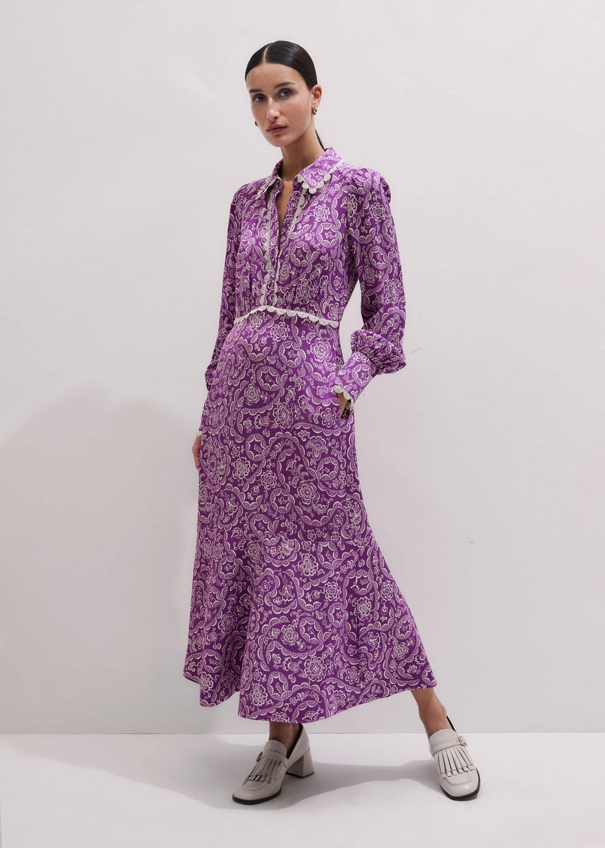 Purple Entangled Lace Print Fit + Flare Maxi Dress | ME+EM