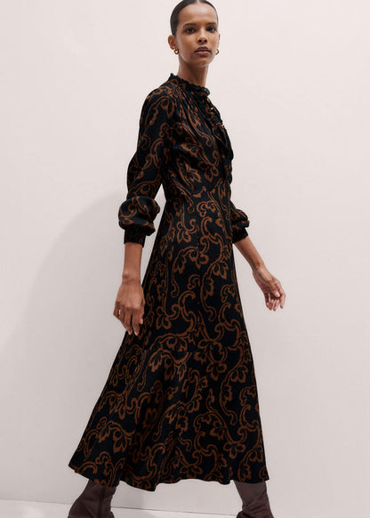 Black Floral Scroll Print Crepe Signature Maxi Dress | ME+EM