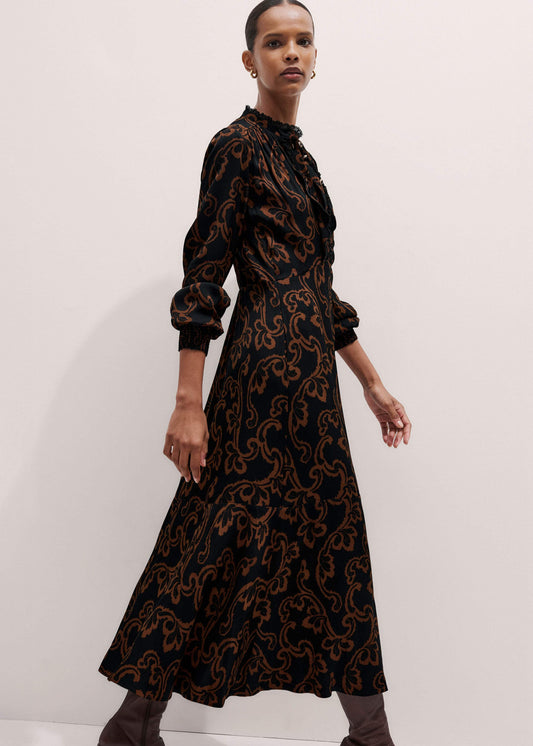 Black Floral Scroll Print Crepe Signature Maxi Dress | ME+EM