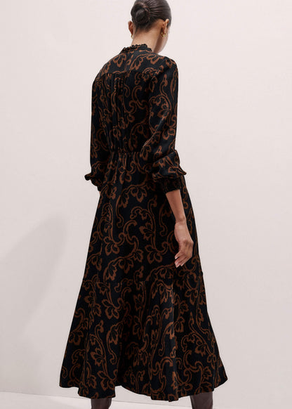 Black Floral Scroll Print Crepe Signature Maxi Dress | ME+EM