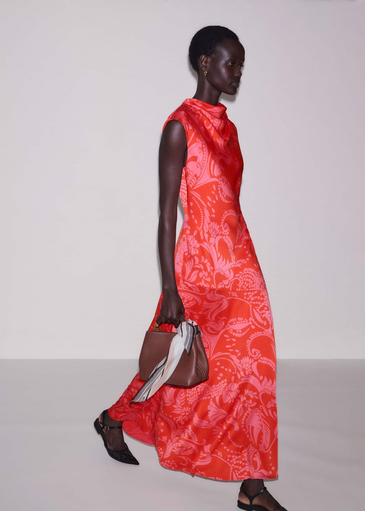 Orange Stylised Silhouette Print Bias Cut Full Length Dress | ME+EM