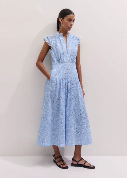 Blue Broderie Anglaise Fit + Flare Maxi Dress | ME+EM
