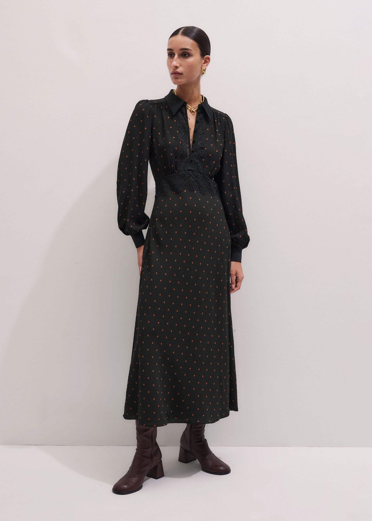 Black Winter Polka Dot Lace Trim Maxi Dress | ME+EM