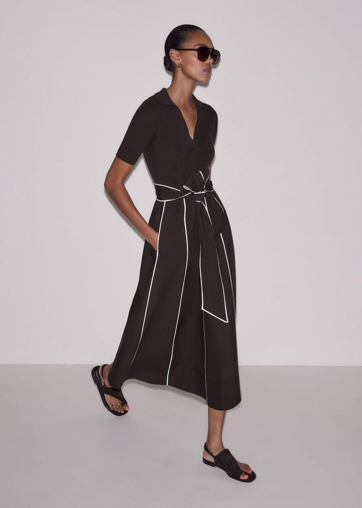 Brown Mixed Media Fit And Flare Midi Dress + Belt | ME+EM