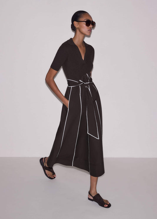 Brown Mixed Media Fit And Flare Midi Dress + Belt | ME+EM