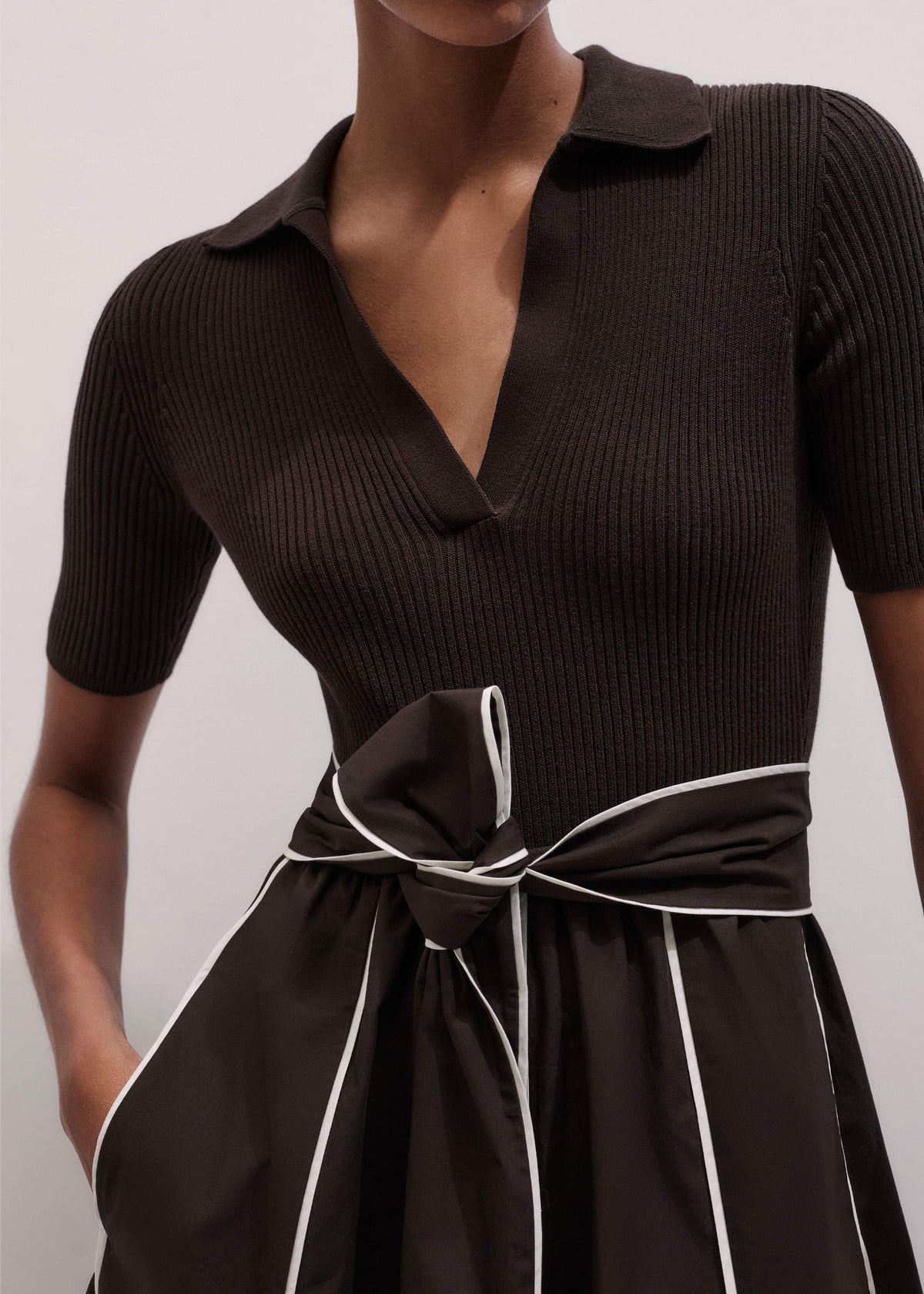 Brown Mixed Media Fit And Flare Midi Dress + Belt | ME+EM