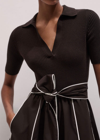 Brown Mixed Media Fit And Flare Midi Dress + Belt | ME+EM
