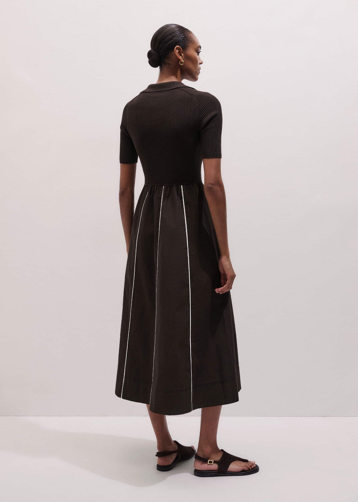 Brown Mixed Media Fit And Flare Midi Dress + Belt | ME+EM