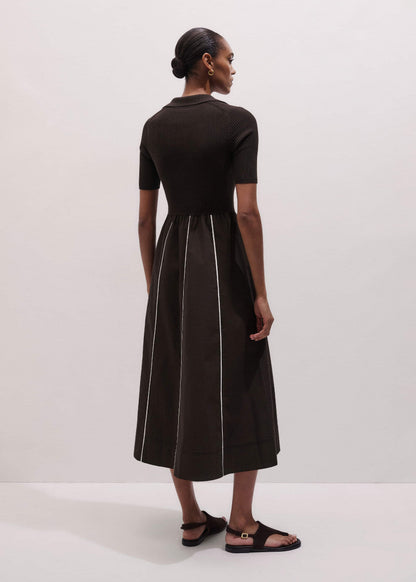 Brown Mixed Media Fit And Flare Midi Dress + Belt | ME+EM