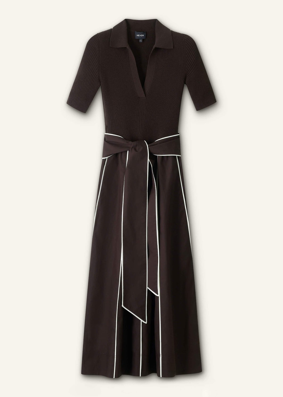 Brown Mixed Media Fit And Flare Midi Dress + Belt | ME+EM