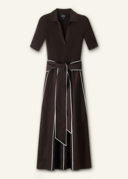 Brown Mixed Media Fit And Flare Midi Dress + Belt | ME+EM