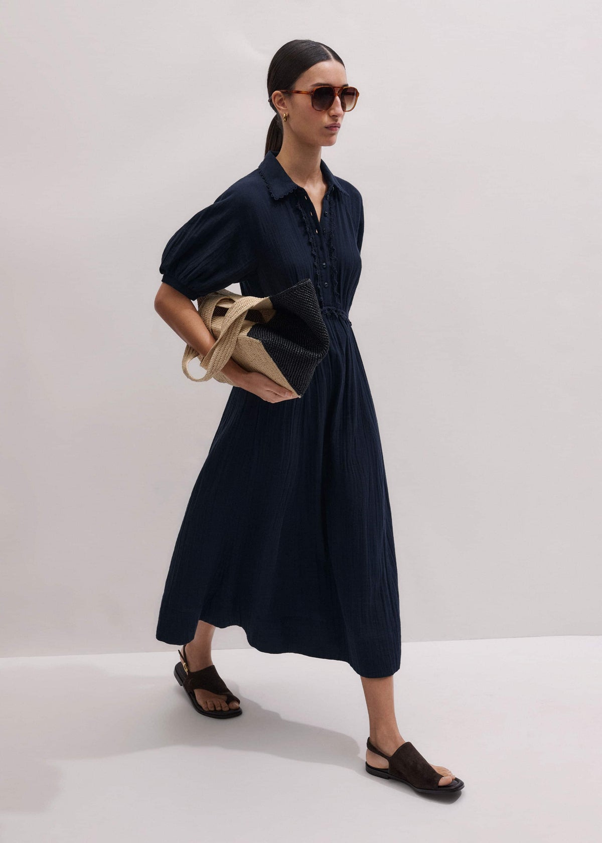 Navy Cheesecloth Intricate Detail Fit + Flare Midi Dress | ME+EM