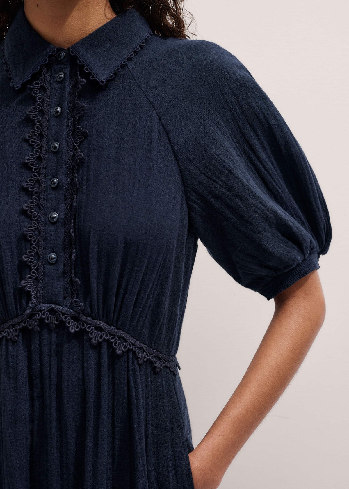 Navy Cheesecloth Intricate Detail Fit + Flare Midi Dress | ME+EM