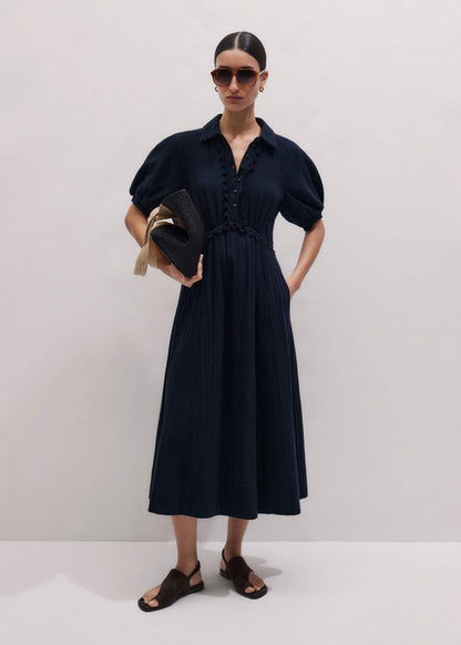 Navy Cheesecloth Intricate Detail Fit + Flare Midi Dress | ME+EM