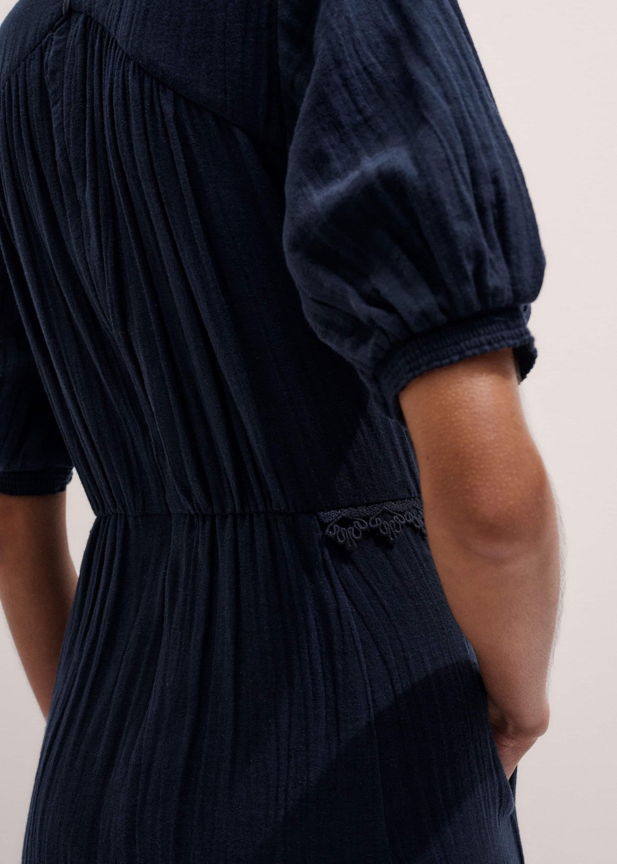 Navy Cheesecloth Intricate Detail Fit + Flare Midi Dress | ME+EM