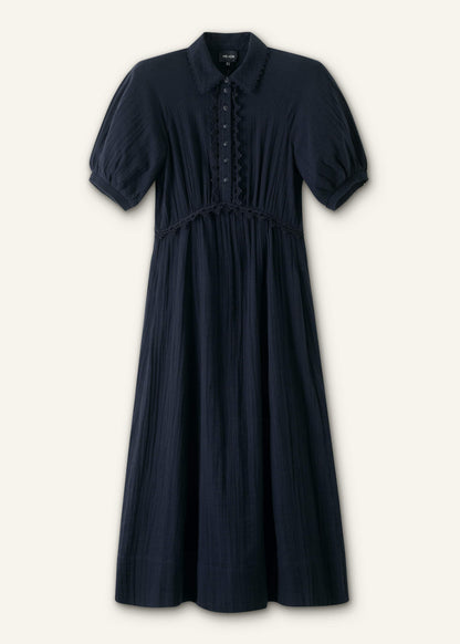 Navy Cheesecloth Intricate Detail Fit + Flare Midi Dress | ME+EM