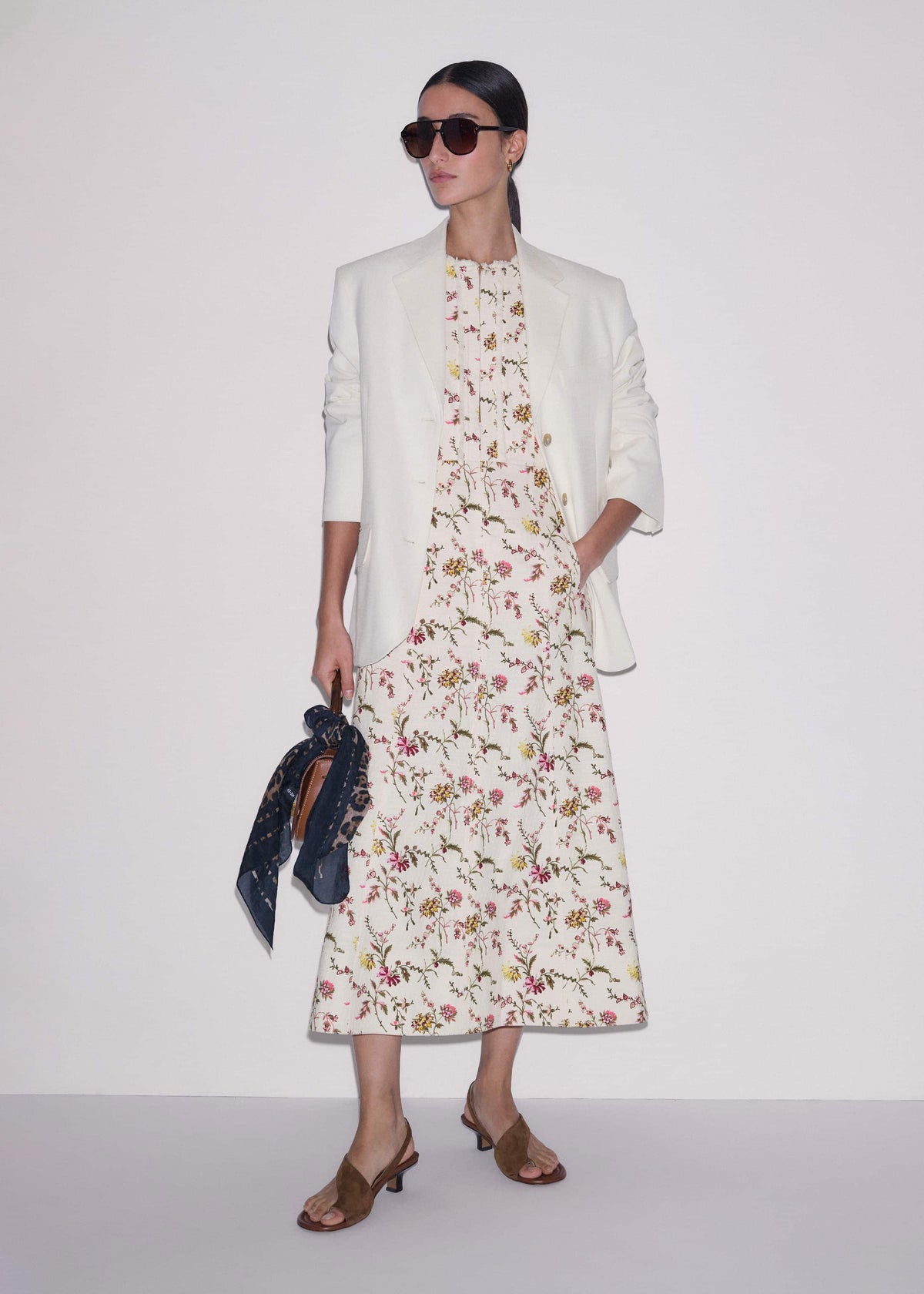 Cream Wild Spring Floral Print Fit + Flare Midi Dress | ME+EM