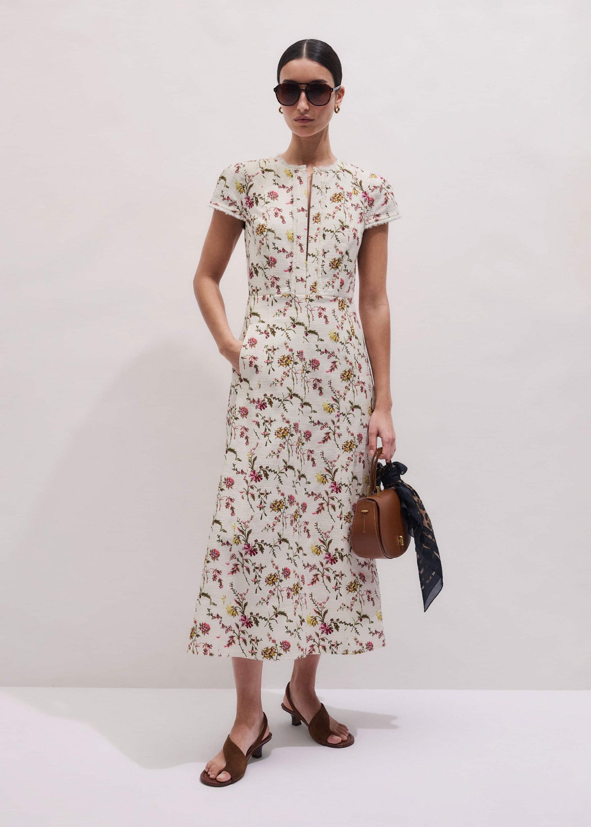 Cream Wild Spring Floral Print Fit + Flare Midi Dress | ME+EM