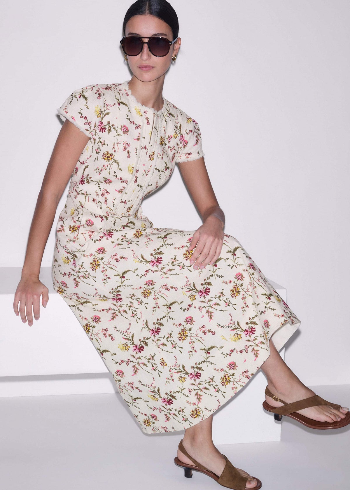 Cream Wild Spring Floral Print Fit + Flare Midi Dress | ME+EM
