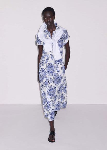 White Cheesecloth Fit + Flare In-Full-Bloom Print Midi Dress | ME+EM