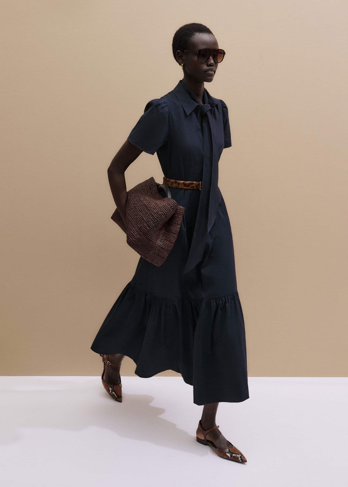 Navy Cotton Seersucker Fit + Flare Midi Dress | ME+EM
