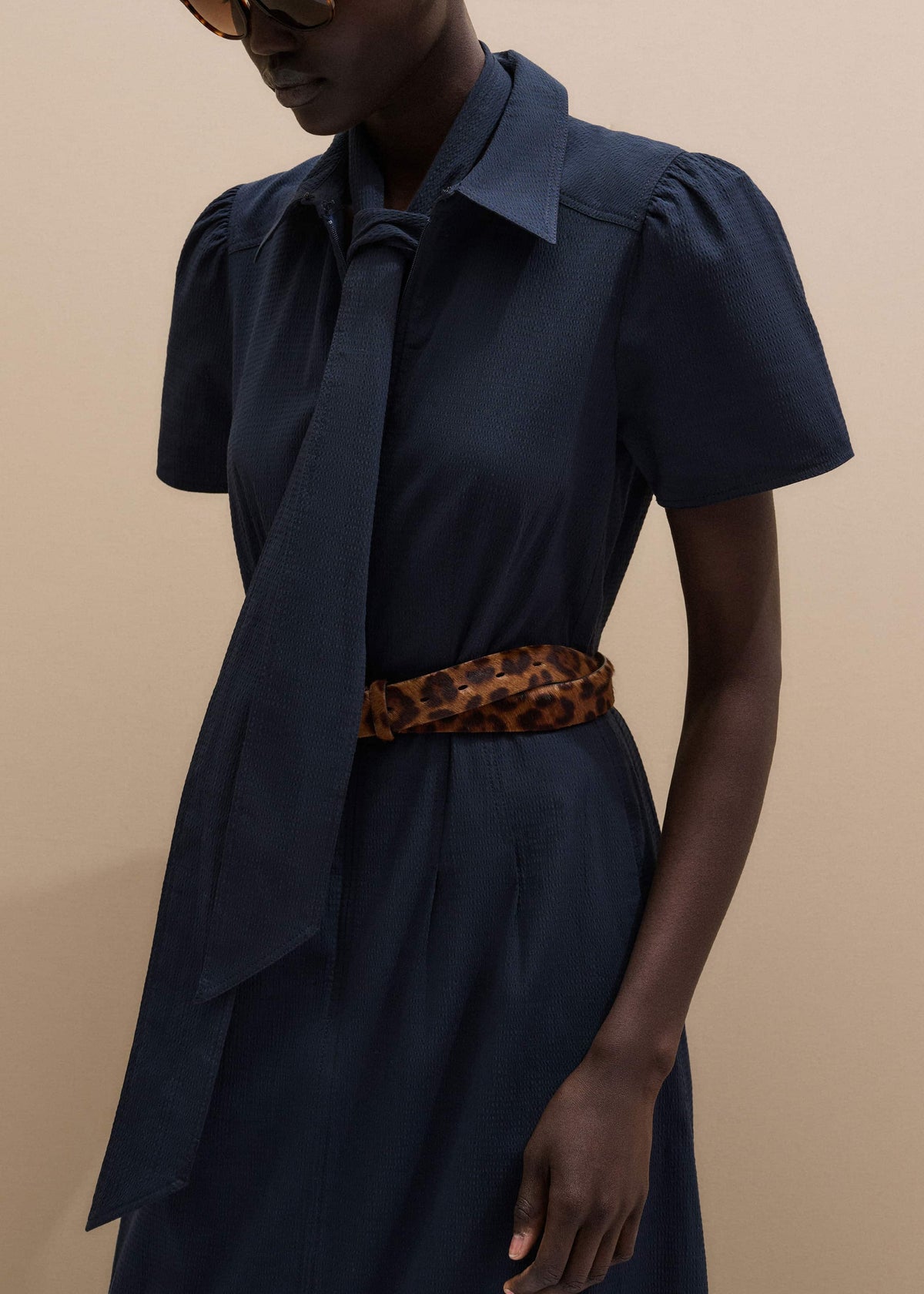 Navy Cotton Seersucker Fit + Flare Midi Dress | ME+EM