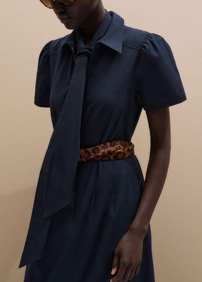 Navy Cotton Seersucker Fit + Flare Midi Dress | ME+EM