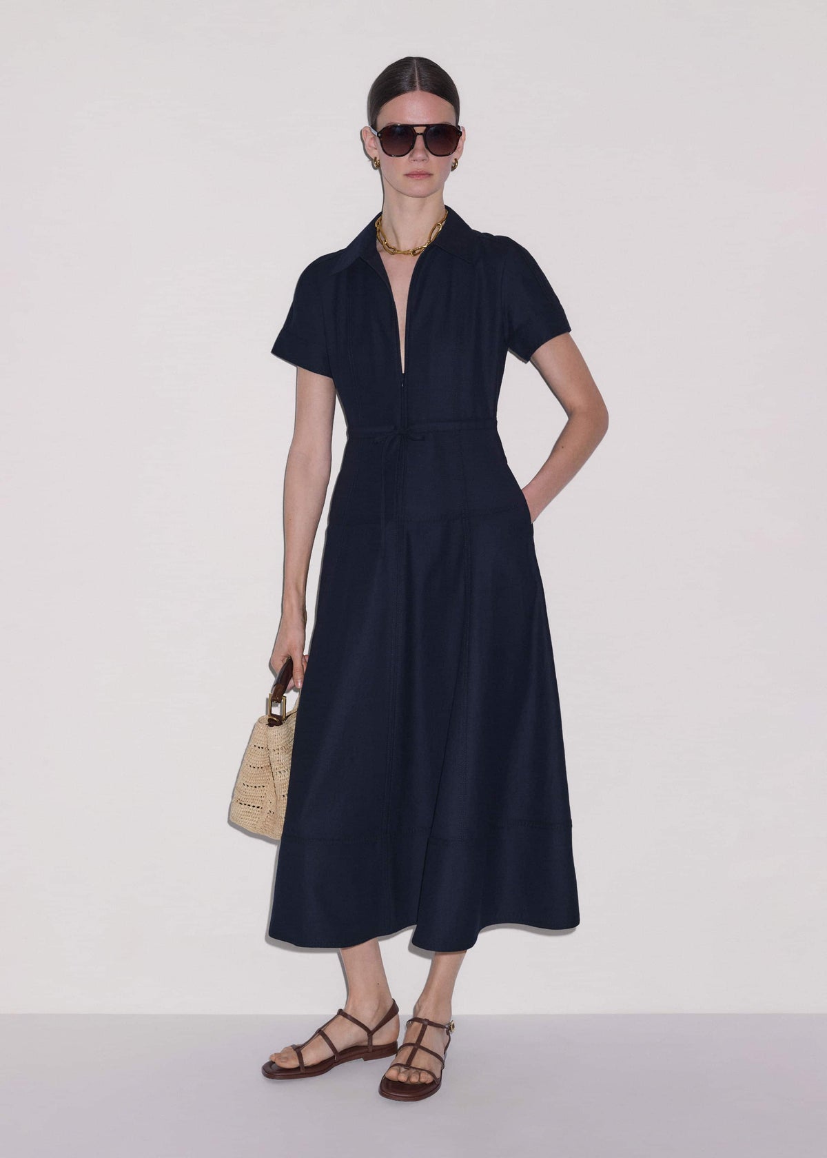 Navy Fit + Flare Shirt Midi Dress | ME+EM