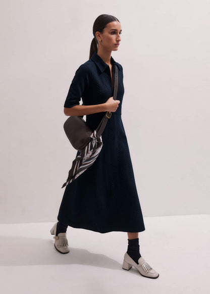 Navy Cable Jacquard Half-Zip Midi Dress | ME+EM