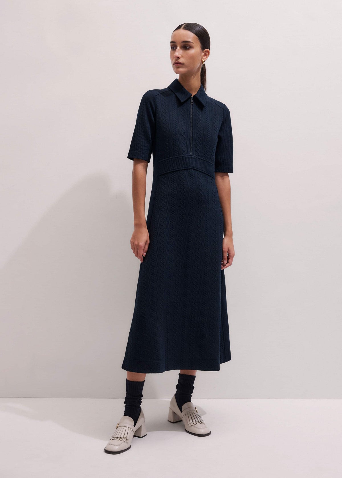 Navy Cable Jacquard Half-Zip Midi Dress | ME+EM